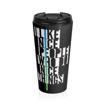 A minimalist typography design set against a blue background, featuring the phrase "I LIKE NICE PEOPLE WHO DO NICE THINGS" in bold, white capital letters. Each word is stacked vertically and aligned to form a rectangular block of text.