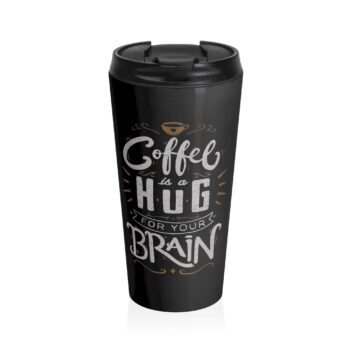 This design expresses the phrase "Coffee is a hug for your brain" using hand-drawn typography. The text is arranged in a bold, eye-catching layout with a small drawing of a coffee cup at the top, along with decorative motifs surrounding the letters. The dark background makes the white and brown letters stand out clearly, evoking a warm and pleasant feeling.