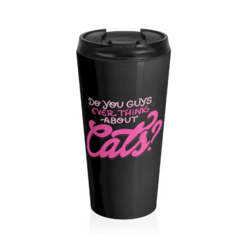 The image features a playful, hand-drawn typography design on a black background. The text "Do you guys ever think about cats?" is written in a bold, bouncy script, with the word "Cats?" emphasized in bright pink with white specks, creating a sparkly effect. Surrounding the text are small stars, further enhancing the whimsical feel. This is a perfect gift for cat owners or anyone who simply loves cats.