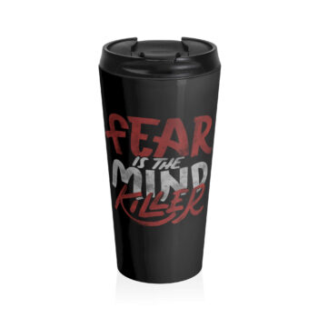 The image features bold, stylized text reading "Fear is the Mind Killer." The words "Fear" and "Killer" appear in a distressed red font, while "is the Mind" is in a distressed white font. The lettering has an uneven, hand-drawn quality, giving it a gritty and impactful appearance. This design is ideal for inspiring courage and resilience, and its dynamic typography makes it suitable for a variety of products. This illustration is a perfect gift for those who appreciate thought-provoking and inspirational messages.