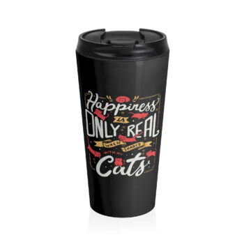 This design features the whimsical phrase "Happiness is only real when shared with my cats" in bold, playful typography. Surrounding the phrase, five stylized, cute cats are illustrated in various positions, creating a lively and warm atmosphere. The background is black, which makes the white lettering and red cats stand out vividly, creating a striking contrast.