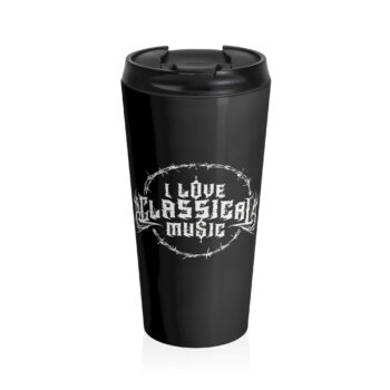 The image features text styled in heavy metal aesthetics reading "I Love Classical Music," surrounded by a circle of barbed wire. The lettering is sharp and intricate, resembling band logos commonly found in the metal genre. The design cleverly contrasts the traditionally refined concept of classical music with the edgy, aggressive style of metal typography.