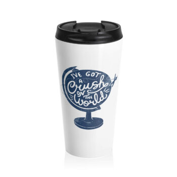 The design features a vintage-style blue globe with the phrase "I've got a crush on the world" written in playful, white, hand-lettered typography. A small airplane flies around the globe, symbolizing travel and exploration. The design incorporates a distressed texture, giving it a retro look. It conveys a sense of adventure and love for the world. This illustration is made for those who love to travel.