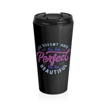 This image features elegant, brush-style lettering that reads "Life Doesn't Have to Be Perfect to Be Beautiful." The text is rendered in soft pastel colors, incorporating shades of purple, pink, and blue. The letters are surrounded by small decorative elements like leaves and dots, giving it a whimsical, hand-drawn feel. This art piece is for anyone who needs inspiration in their day-to-day life.