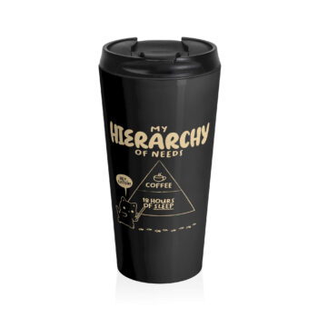 The image features a playful take on Maslow's hierarchy of needs, presenting "Coffee" and "18 Hours of Sleep" as the top priorities. A cute cartoon cat character points at the pyramid with a speech bubble that reads, "Hey, Listen!" The design employs simple, bold text and a minimalist style, emphasizing humor throughout.