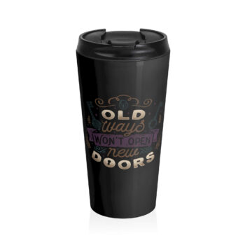 The image features the motivational phrase "Old ways won't open new doors" in a mix of bold and cursive text. The design includes two vintage keys, a padlock, and ornamental flourishes surrounding the text. The color scheme features shades of beige, brown, purple, and light blue. The overall style is whimsical and illustrative, conveying a message of change and moving forward. It is the perfect gift for those who need small doses of motivation.