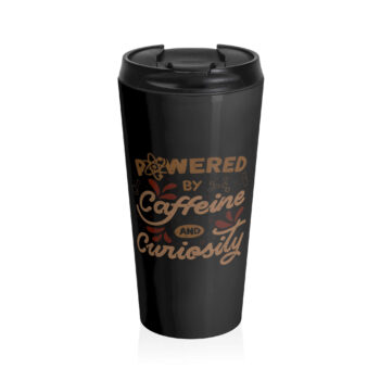This design features the phrase "Powered by Caffeine and Curiosity" in a vintage, hand-lettered style. It includes playful science motifs such as an atom, a molecule, and a test tube, adding a nerdy touch. The text is rendered in bold, earthy tones with decorative red accents that suggest energy. The typography and elements give the piece a retro yet modern and energetic look, celebrating a love for both science and coffee.