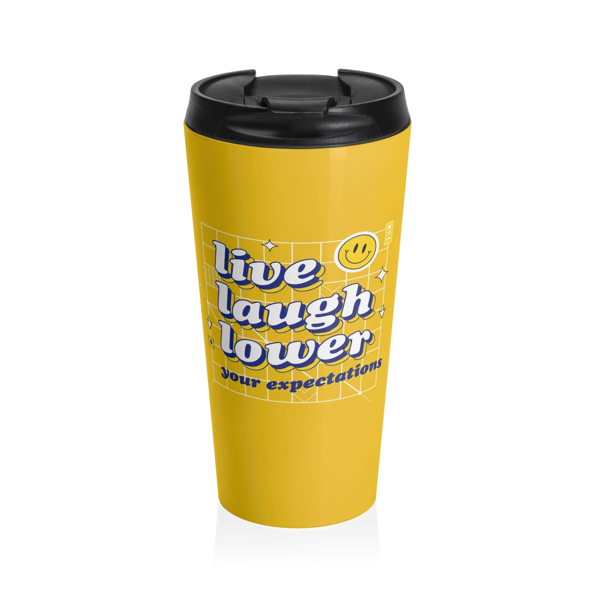 Bold, white 3D text on a vibrant yellow background reads "Live Laugh Lower Your Expectations." It features a smiley face, arrows, and geometric shapes for a playful, ironic touch.