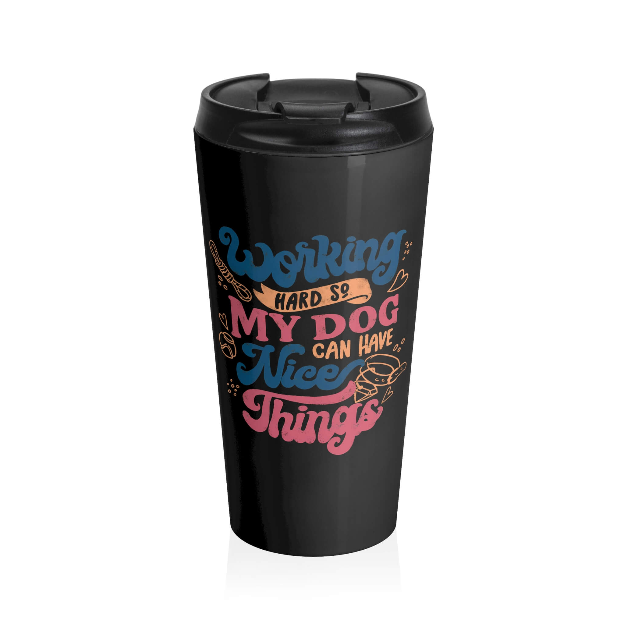 This colorful design combines playful and bold typography with whimsical illustrations of dog toys and icons. The text reads "Working hard so my dog can have nice things," using a mix of blue, pink, and peach colors. Hearts, dog bones, and tennis balls adorn the design, adding a cute and humorous touch. Perfect for pet lovers.