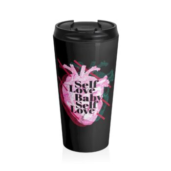 The image features a stylized anatomical heart illustration split into two halves, one colored pink and the other teal. Over the heart, bold black text reads "Self Love Baby Self Love." The design incorporates diagonal lines intersecting the heart, adding a modern, edgy feel.